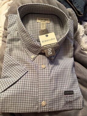 St. John's Bay iron free short Sleeve Button-Down Shirt deep sea Tattersol  NWT